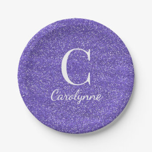Trendy Purple Faux Glitter Monogram Paper Plate