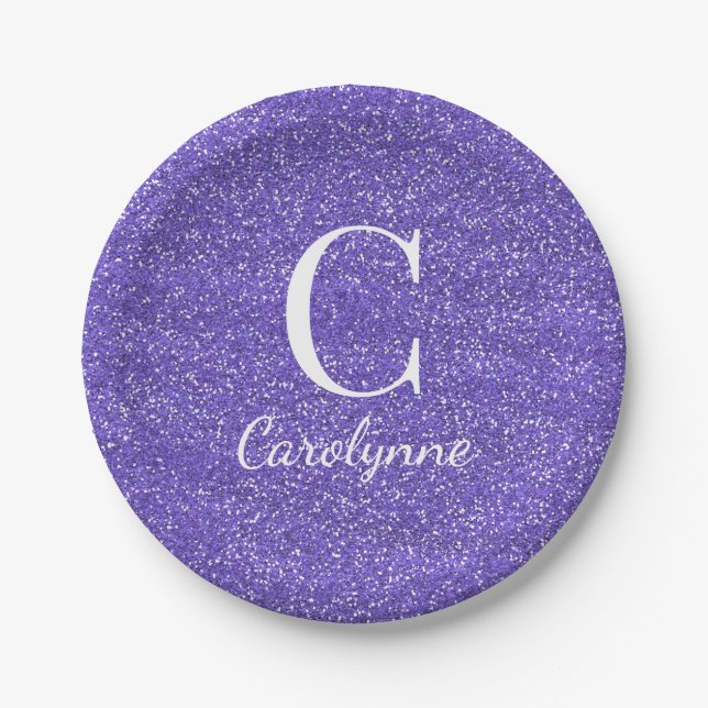 Trendy Purple Faux Glitter Monogram Paper Plate (Front)