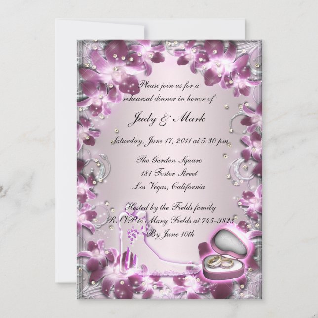 Trendy Purple Floral Chic Rehearsal Dinner Invite (Front)