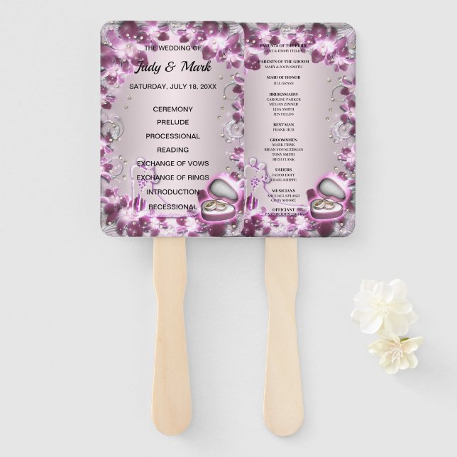 Trendy Purple Floral Chic Wedding Hand Fan (Front and Back)