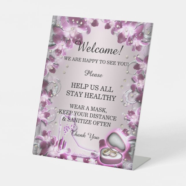 Trendy Purple Floral Chic Wedding Safety  Pedestal Sign (Front)