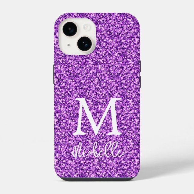 Trendy Purple Glitter Monogram Initial Name iPhone Case (Back)