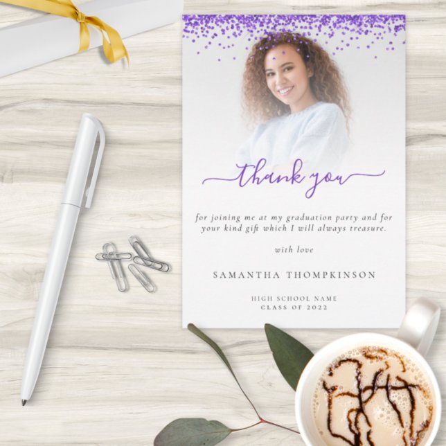 Trendy Purple Glitter Photo Graduation Thank  You Card (Creator Uploaded)