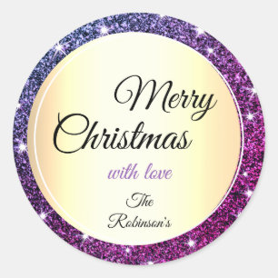 Trendy Purple Glitter Sparkle Stars Gold Christmas Classic Round Sticker
