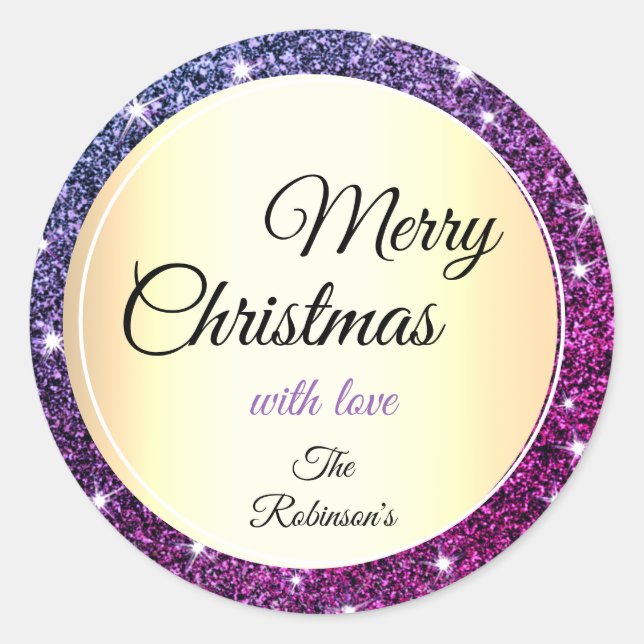 Trendy Purple Glitter Sparkle Stars Gold Christmas Classic Round Sticker (Front)