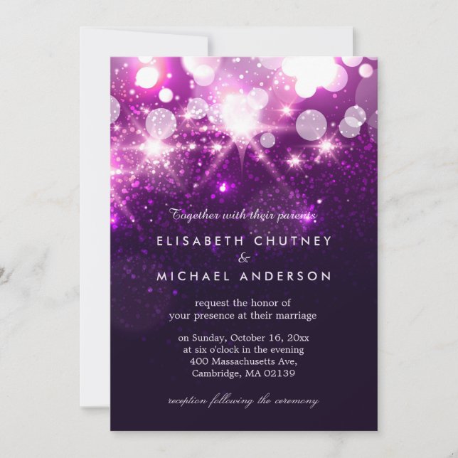 Trendy Purple Glitter Sparkles Stylish Wedding Invitation (Front)