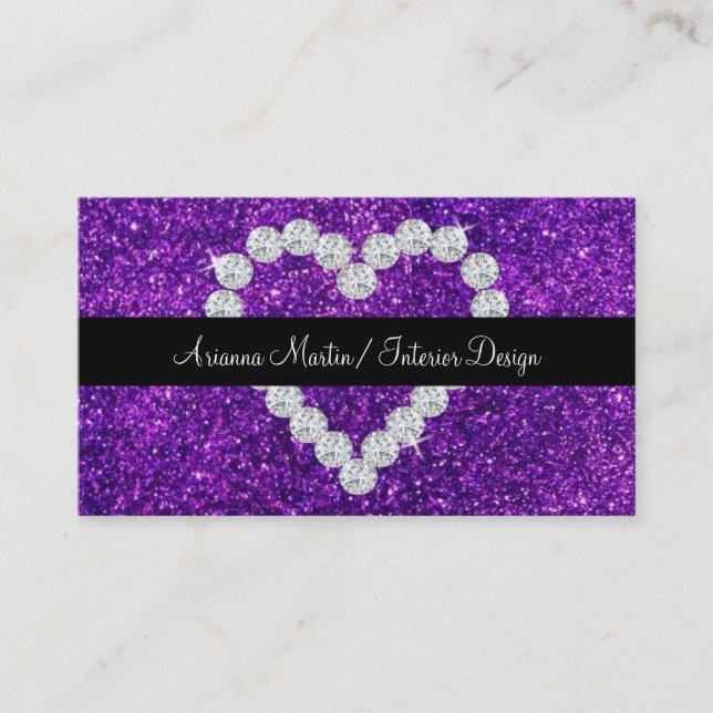 Trendy Purple Glitter Sparkly Diamond Heart Business Card (Front)