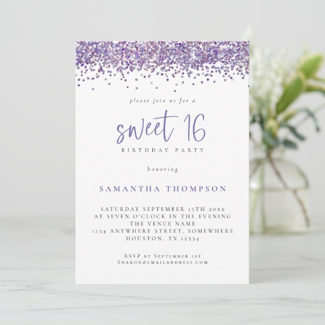 Trendy Purple Glitter Sweet 16 Birthday Party Invitation (Standing Front)