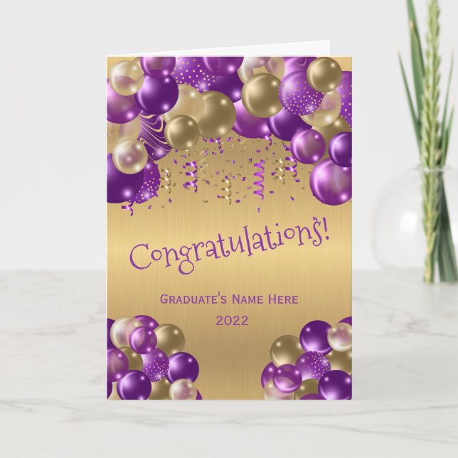 Trendy Purple Gold Balloons Graduation Card (Front)