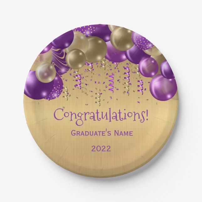 Trendy Purple Gold Balloons Graduation Paper Plate (Front)