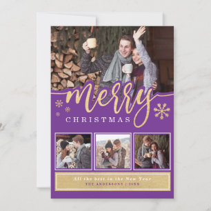 Trendy Purple Gold Merry Christmas Photo Collage Holiday Card