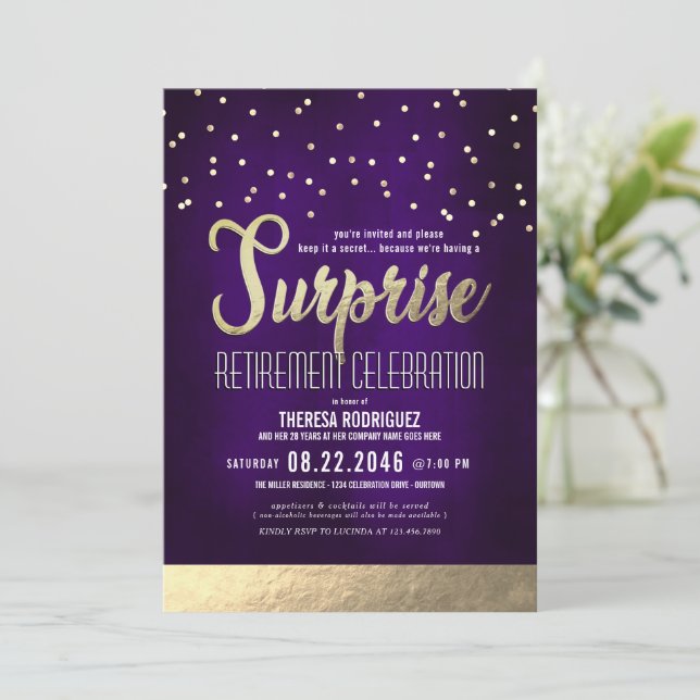 Trendy Purple/Gold Surprise Retirement Party Invitation (Standing Front)