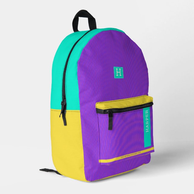 Trendy Purple Green and Yellow Personalised Name  Printed Backpack (Back Corner Left)