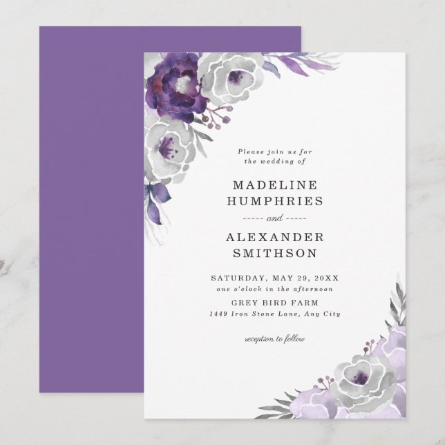 Trendy Purple Grey Watercolor Floral Wedding Invitation (Front/Back)