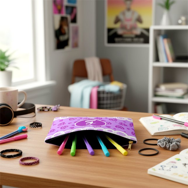 Trendy Purple Hearts With Dots And Swirls Accessory Pouch (Personal cute and oh so purple. This cosmetic bag can have so many uses like storing all those pens)