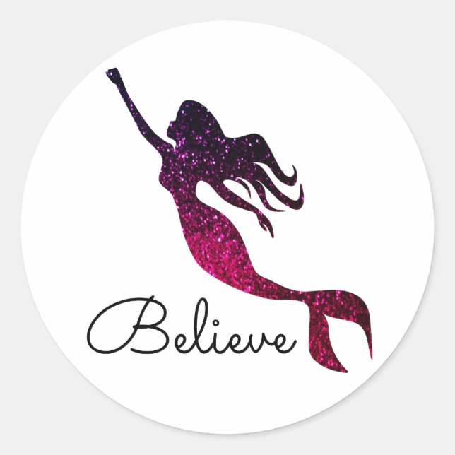 Trendy Purple Mermaid Silhouette Graphic | Believe Classic Round Sticker (Front)