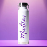 Trendy Purple Name Handwritten Script Custom Water Bottle<br><div class="desc">A cute personalised purple monogram water bottle for a girl or guy who loves simple,  handwritten gifts. Beautiful cursive script down the side of your bottle spelling out your name.</div>