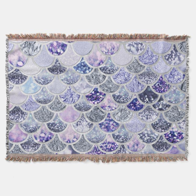 Trendy Purple Ombre Glitter Mermaid Fish Scales Throw Blanket (Front)