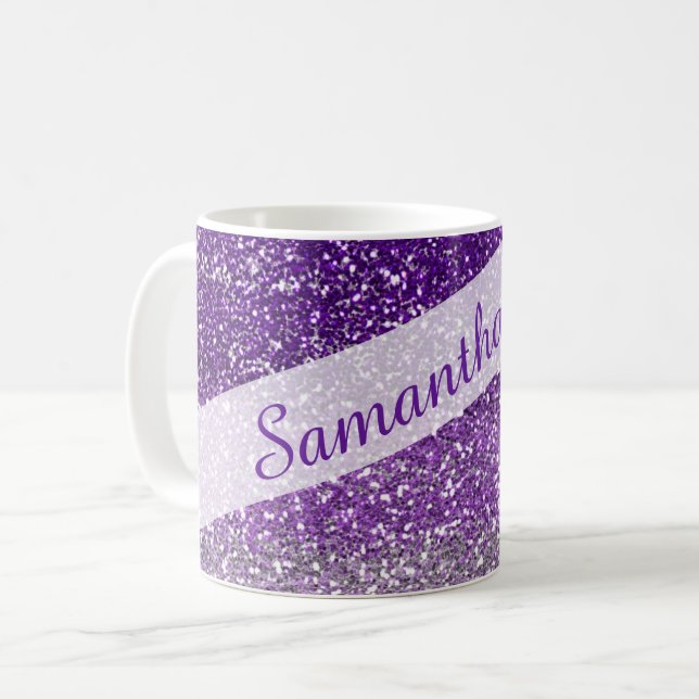 Trendy Purple Ombre Glitter Name Personalised Coffee Mug (Front Left)