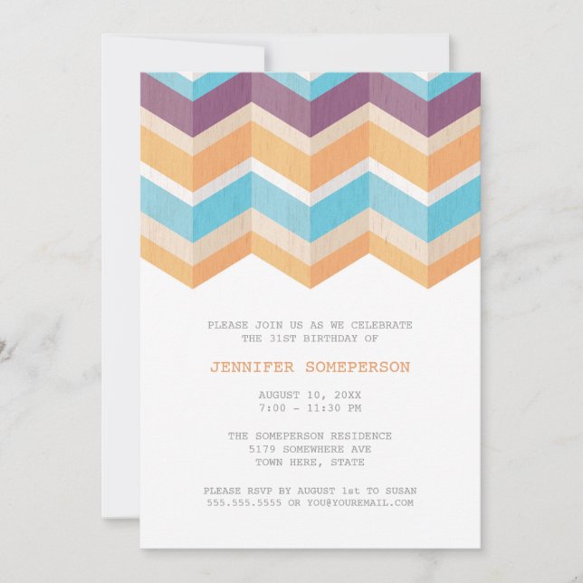 Trendy Purple Orange & Blue Chevron Birthday Invitation (Front)
