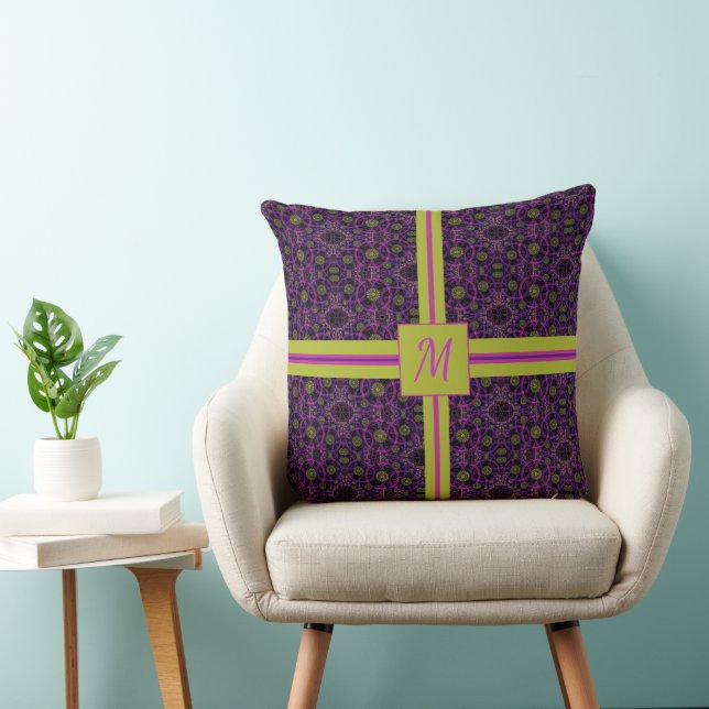 Trendy Purple Pattern Monogrammed Throw Pillow (Chair)