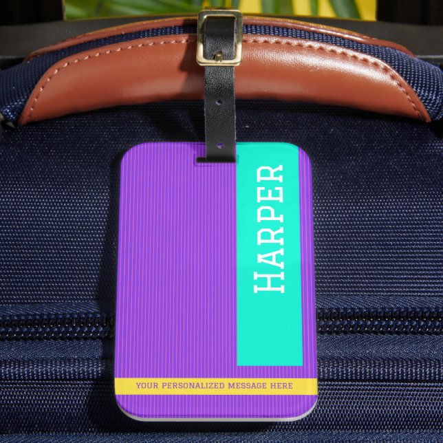 Trendy Purple Personalised Name  Luggage Tag (Front Insitu 2)