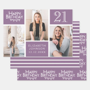 Trendy Purple Photo Collage 21st Birthday Wrapping Paper Sheet