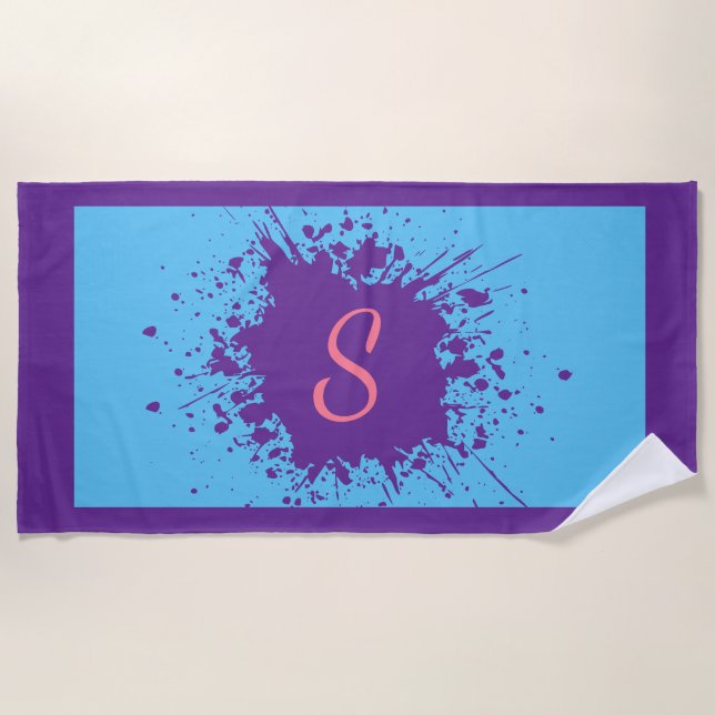 Trendy Purple Pink Splash Design Monogrammed Beach Towel (Front)