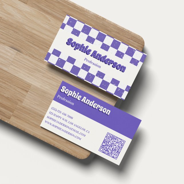 Trendy Purple Retro Check Pattern with QR Code Business Card (Creator Uploaded)