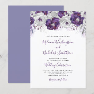 Trendy Purple Silver Watercolor Floral wedding Invitation