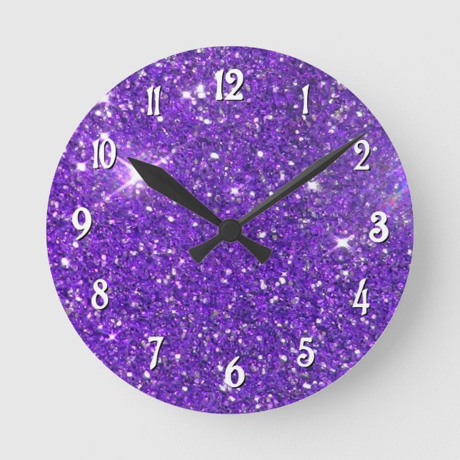 Trendy Purple Sparkling Glitter Glitz Round Clock (Front)