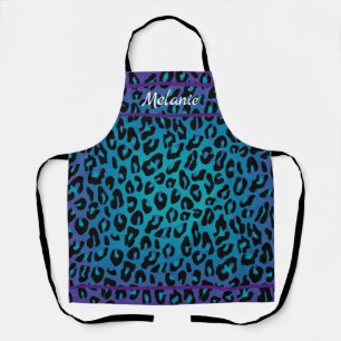 Trendy Purple Teal Leopard Animal Print with Name Apron