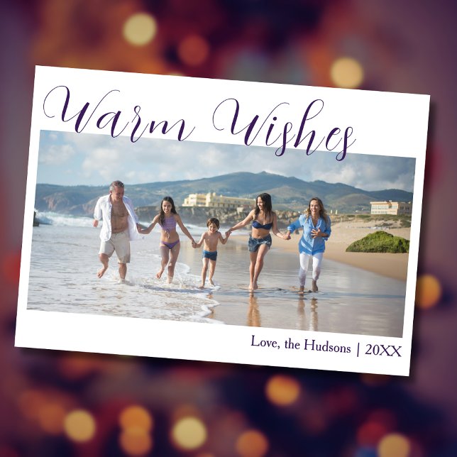 Trendy Purple Warm Wishes Two Beach Family Photo  Holiday Card (Creator Uploaded)