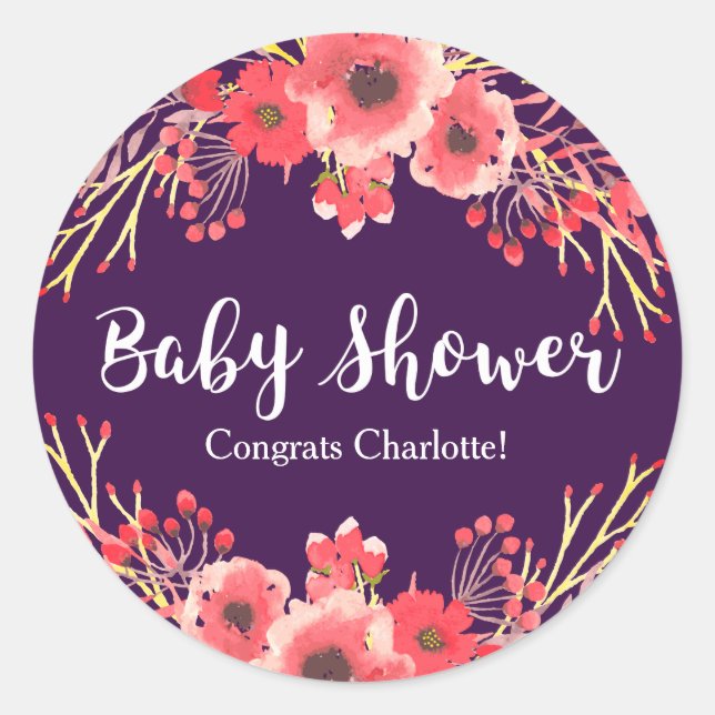 Trendy Purple Watercolor Flowers Baby Shower Classic Round Sticker (Front)