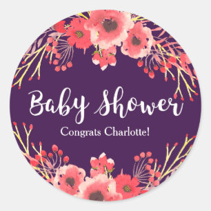 Trendy Purple Watercolor Flowers Baby Shower Classic Round Sticker
