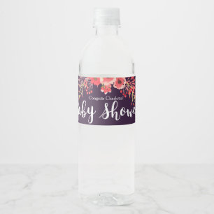 Trendy Purple Watercolor Flowers Baby Shower Water Bottle Label