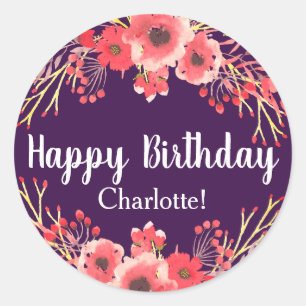 Trendy Purple Watercolor Flowers Birthday Classic Round Sticker