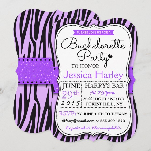 Trendy Purple Zabra Print Bachelorette Party Invitation (Front/Back)