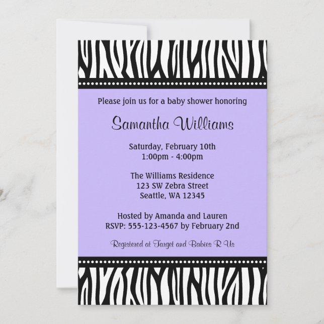 Trendy Purple Zebra Girl Baby Shower Invitations (Front)
