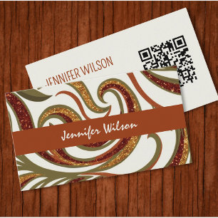 Trendy QR code abstract glitter terracotta green  Business Card