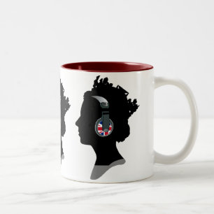 TRENDY QUEEN ELIZABETH WITH UNION JACK HEADPHONES Two-Tone COFFEE MUG