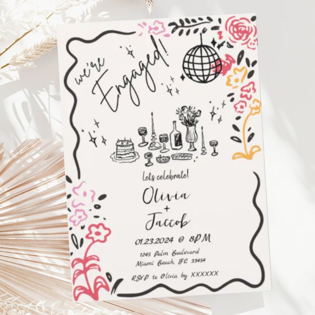 Trendy Quirky Fun Hand Drawn Wavy Engagement Party Invitation (Creator Uploaded)