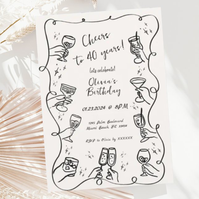 Trendy Quirky Hand Drawn Scribble Wine Birthday Invitation (Creator Uploaded)