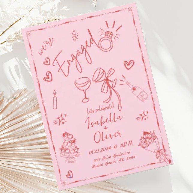 Trendy Quirky Pink Hand Drawn Engagement Party Invitation (Creator Uploaded)
