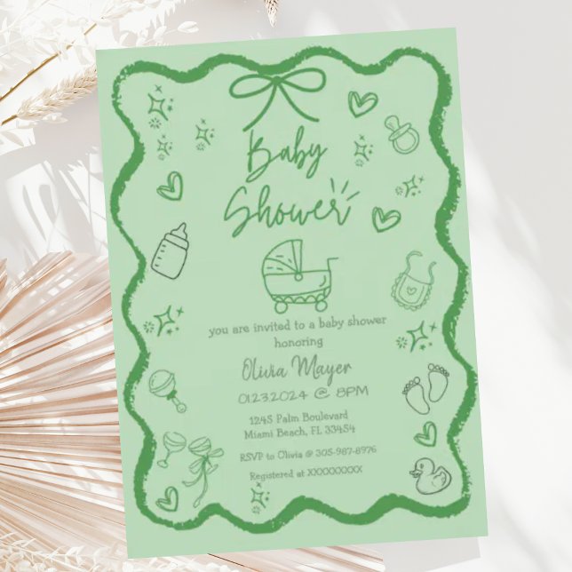 Trendy Quirky Wavy Hand Draw Bow Baby Shower  Invitation (Creator Uploaded)