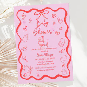 Trendy Quirky Wavy Hand Drawn Bow Baby Shower Invitation