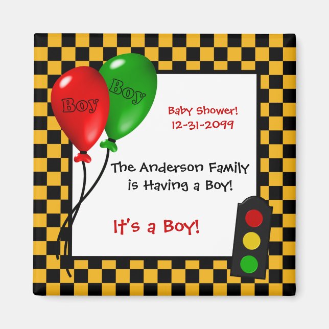 Trendy Race Car Checkers Boy Baby Shower Magnet (Front)