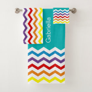 Trendy Rainbow Chevron Teal Pattern Personalised Bath Towel Set