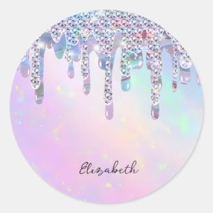 Trendy Rainbow Glitter Drips Holographic Classic Round Sticker