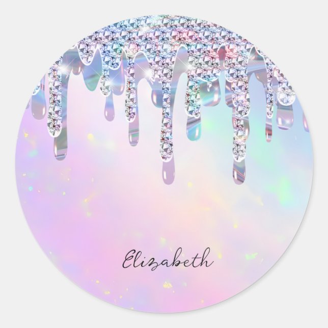Trendy Rainbow Glitter Drips Holographic Classic Round Sticker (Front)